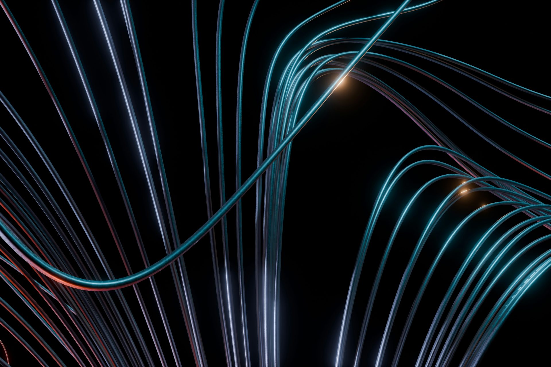 Abstrakte, blau und orange leuchtende Linien auf schwarzem Hintergrund